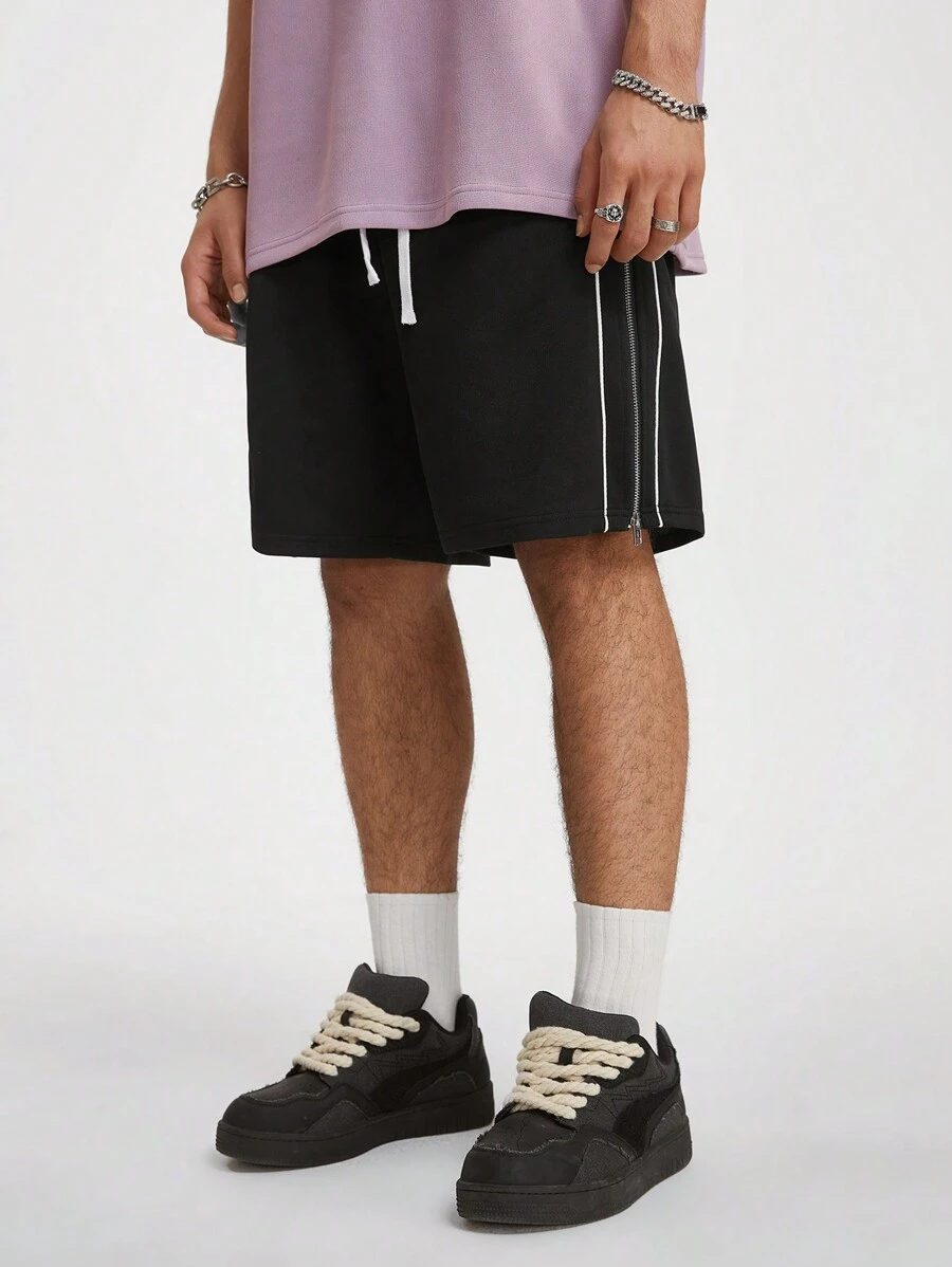 Manfinity VCAY Men's Loose Knitted Shorts With Double Side Zipper, Hip-Hop Style, For Summer