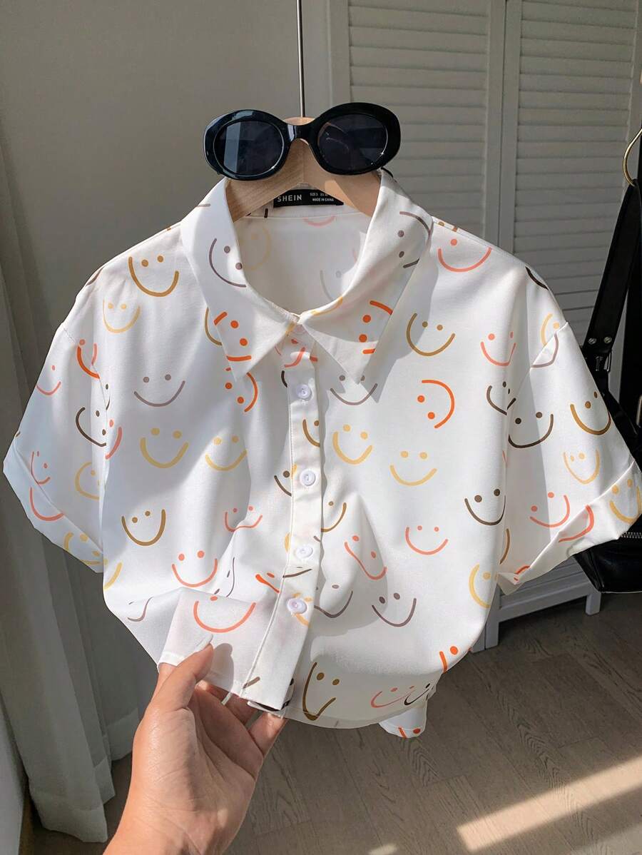 Comfortcana Camisa estampada de hombro caído con diseño integral para atuendo de verano