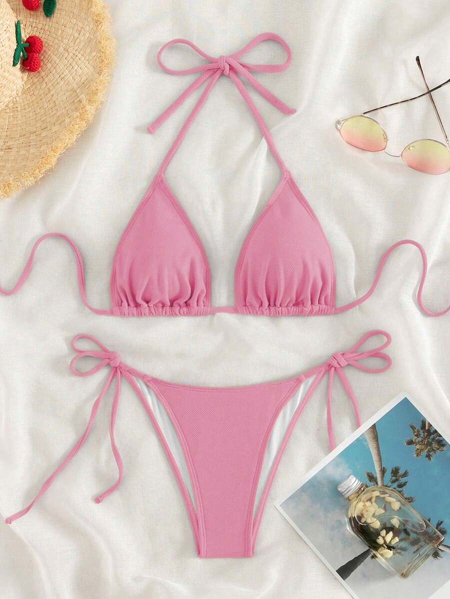 Swim Mod Women's Summer Beach Solid Color Halter Neck Tie Two-Piece Bikini Set