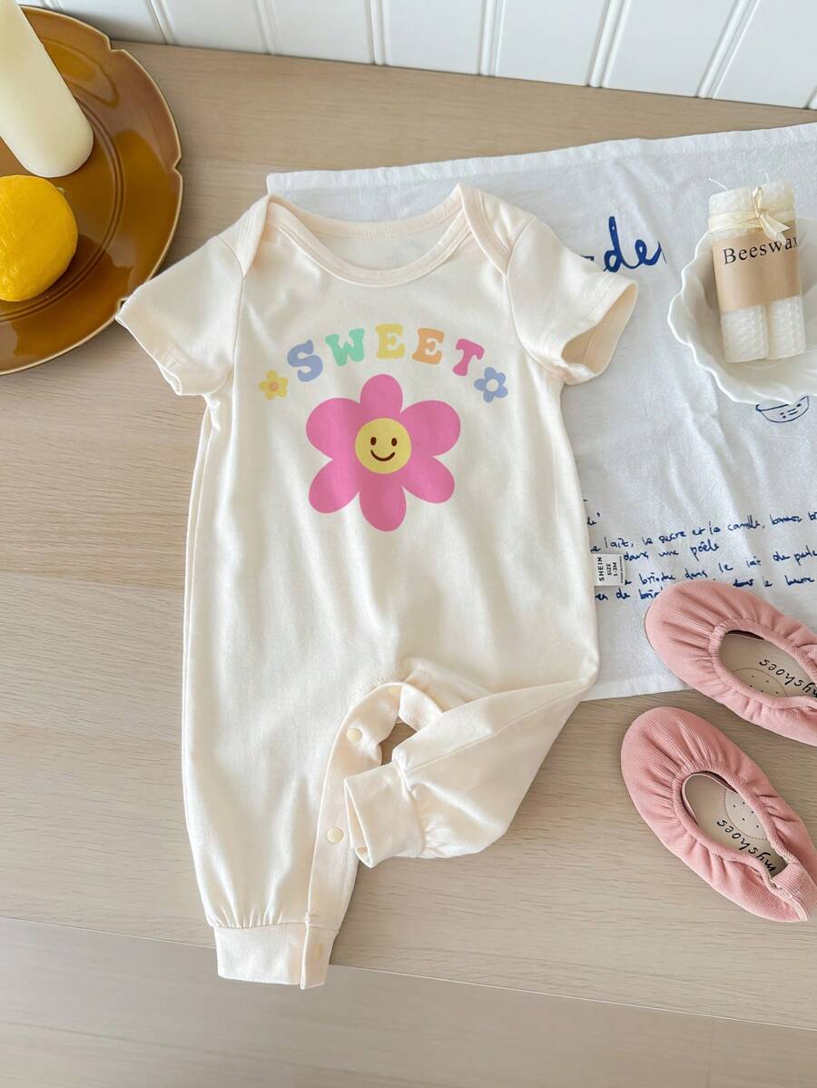 SHEIN ModeFlare Wear Baby Girl Summer Casual Floral Sweet Print Short-Sleeved Jumpsuit, Suitable For Spring And Summer