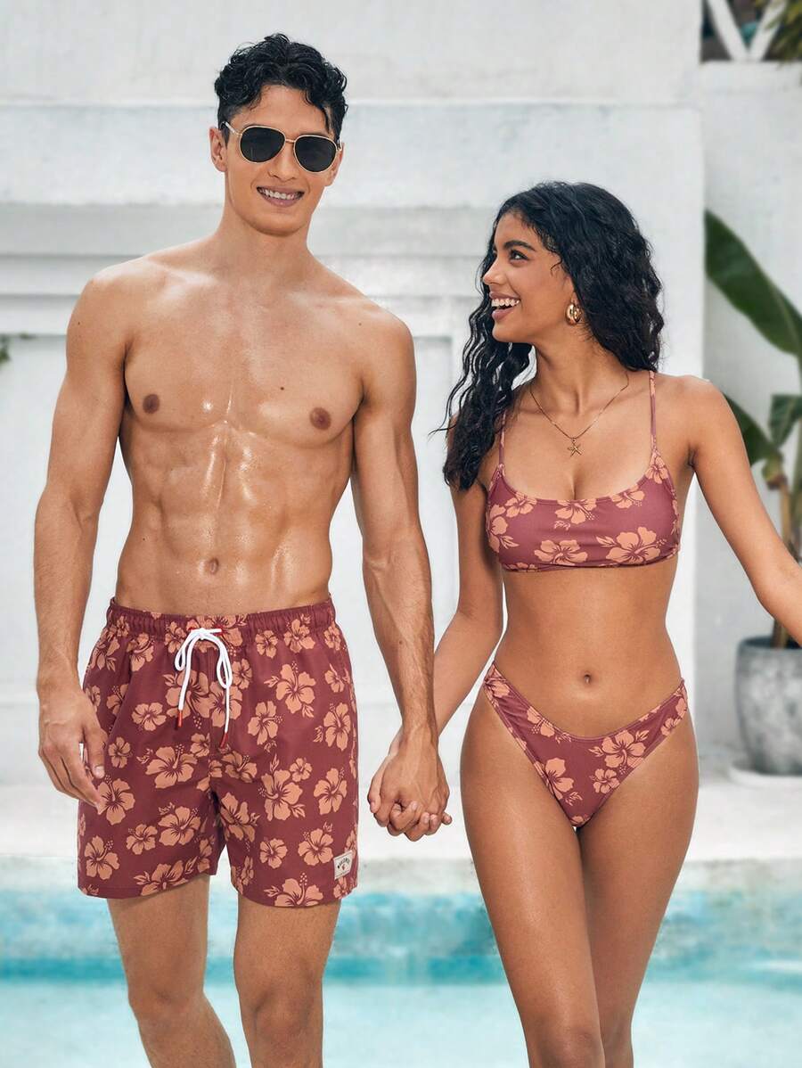 Manfinity VDAYZ Men's Beach Shorts Couples Matching Swimwear Drawstring Waist Front Tie Pocket Floral Print Beach Vacation Hawaiian