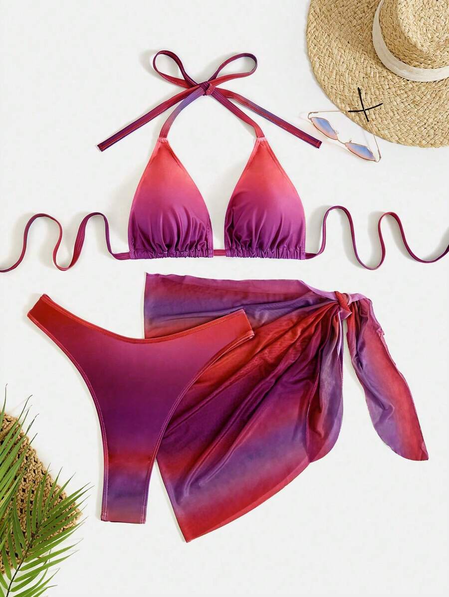 SHEIN Swim Curve Conjunto de bikini talla grande, estampado aleatorio para la playa de verano