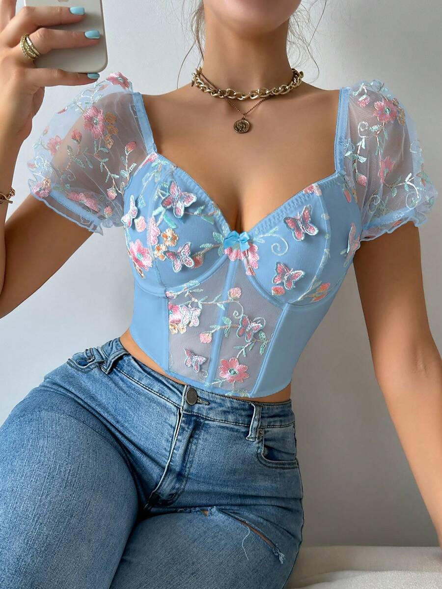 Reggiseno sexy da donna con ferretto, stecche in plastica, maniche a sbuffo, può essere indossato come indumento esterno, per festival musicali
