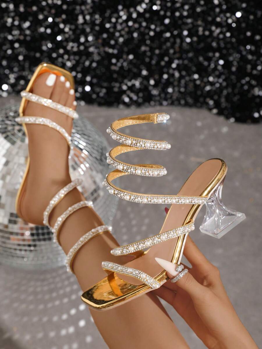 Women's Rhinestone & Pearl Decor Sexy Peep Toe High Heel Sandals With Snake Design Wraparound Strap, Perfect For Summer Gatherings