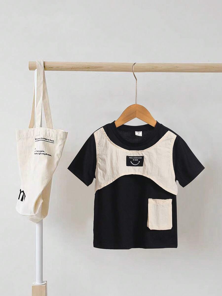 SHEIN 1 peça Camiseta Esportiva Casual com Bolso de Trabalho de Gola Redonda de Bloco de Cor para Menino Jovem para uso Diário e Exercícios
