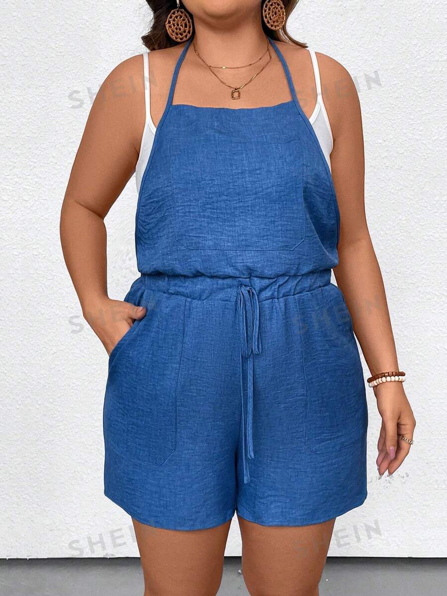 SHEIN LUNE Mono casual sin espalda de unicolor halter de talla grande para vacaciones de verano