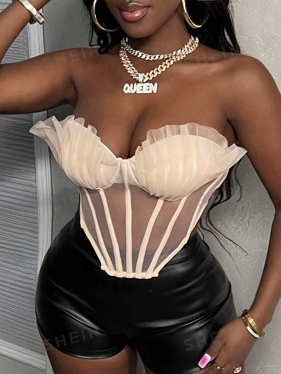 Slaydiva Top de tubo transparente de malla con vista, blancuzco de durazno con cintura alta y dobladillo cuadrado para mujer de San Valentín de verano