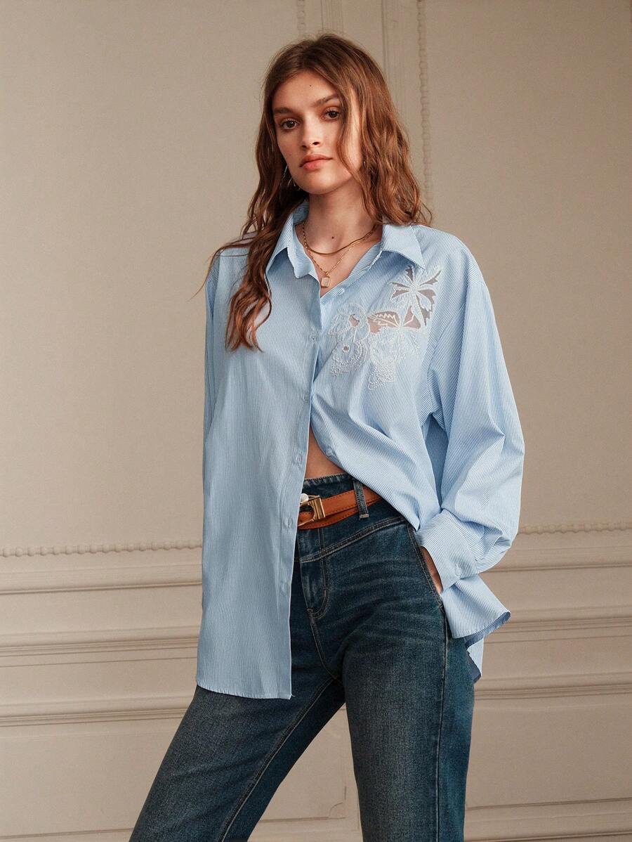 Anewsta Blue Striped Casual Casual Hollow Out Burnt-Out Embroidery Turn-Down Collar Long Sleeve Shirt