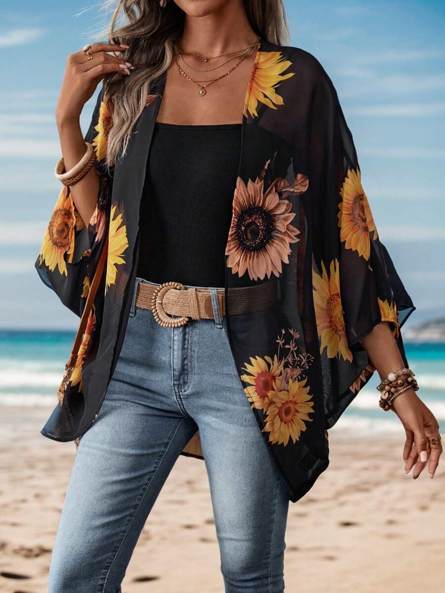 EMERY ROSE Women's Summer Holiday Casual Solid Color Sunflower Printed Kimono Cover Up