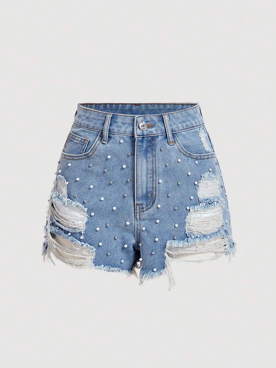 Selenza Casual damesspijkershort met versleten zakken, gerafelde zoom en imitatiepareldecor