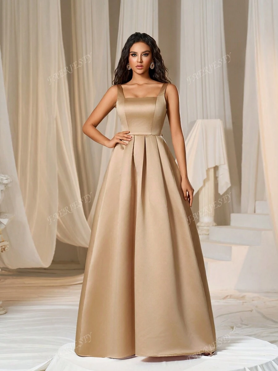 Faeriesty Elegant Satin Square-Neck Tie-Dress With Dramatic Floor-Length Hem | Luxurious Evening Look For Galas, Weddings Or Red Carpet Events Bridesmaid Dress