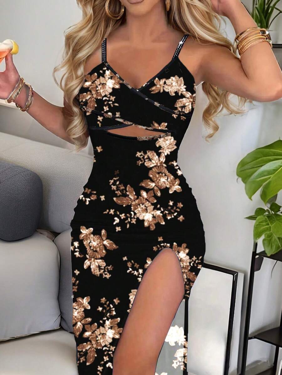 Breezaya Women's Floral Print Spaghetti Strap Cross Back Cutout Waist High Slit Bodycon Dress For Spring And Summer Maxi Women Outfit