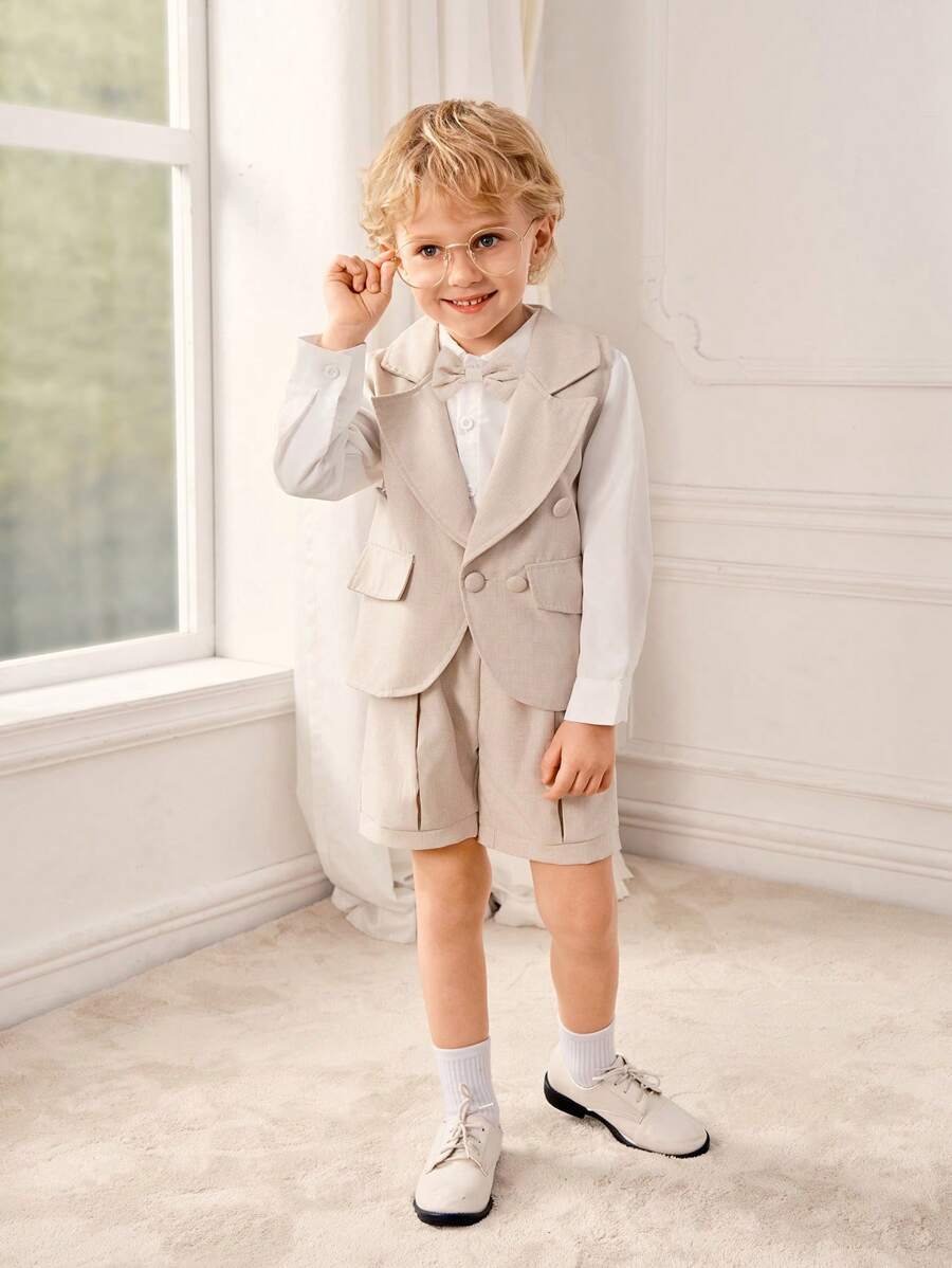 SHEIN 3pcs Gentleman Set: Long Sleeve White Shirt, Herringbone Lapel Vest And Shorts, Stylish For Birthday Party, Wedding, Performance
