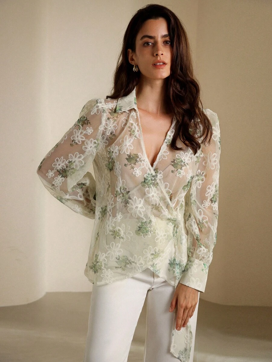 Aveloria Modichic Women's Sheer Mesh Random Embroidery Long Sleeve Shirt