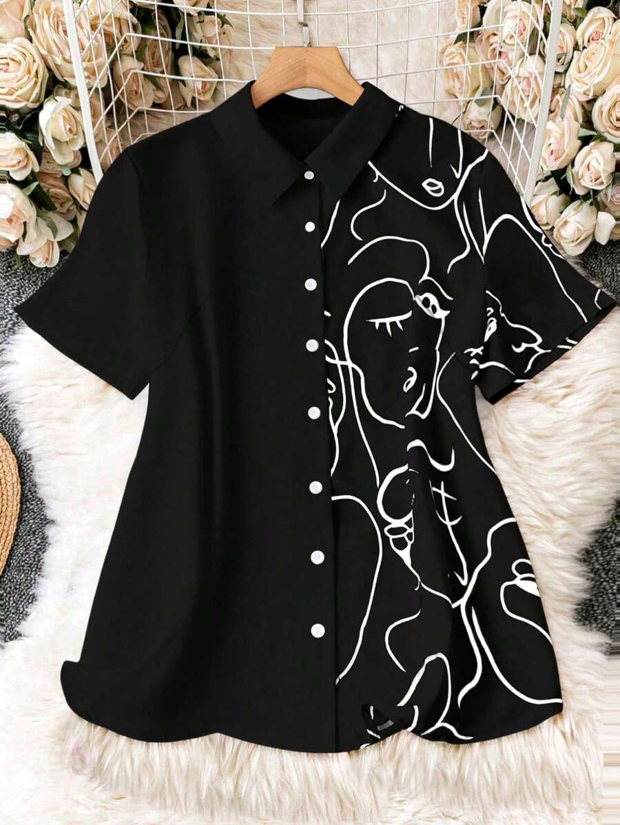 SHEIN LUNE Plus Size Abstract Printed Button Up Long Sleeve Shirt, Summer