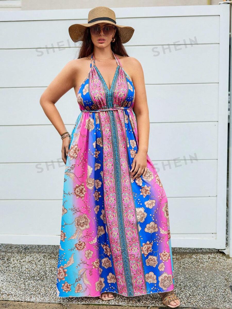 SHEIN VCAY Vestido de playa rosa floral de talla grande para mujer
