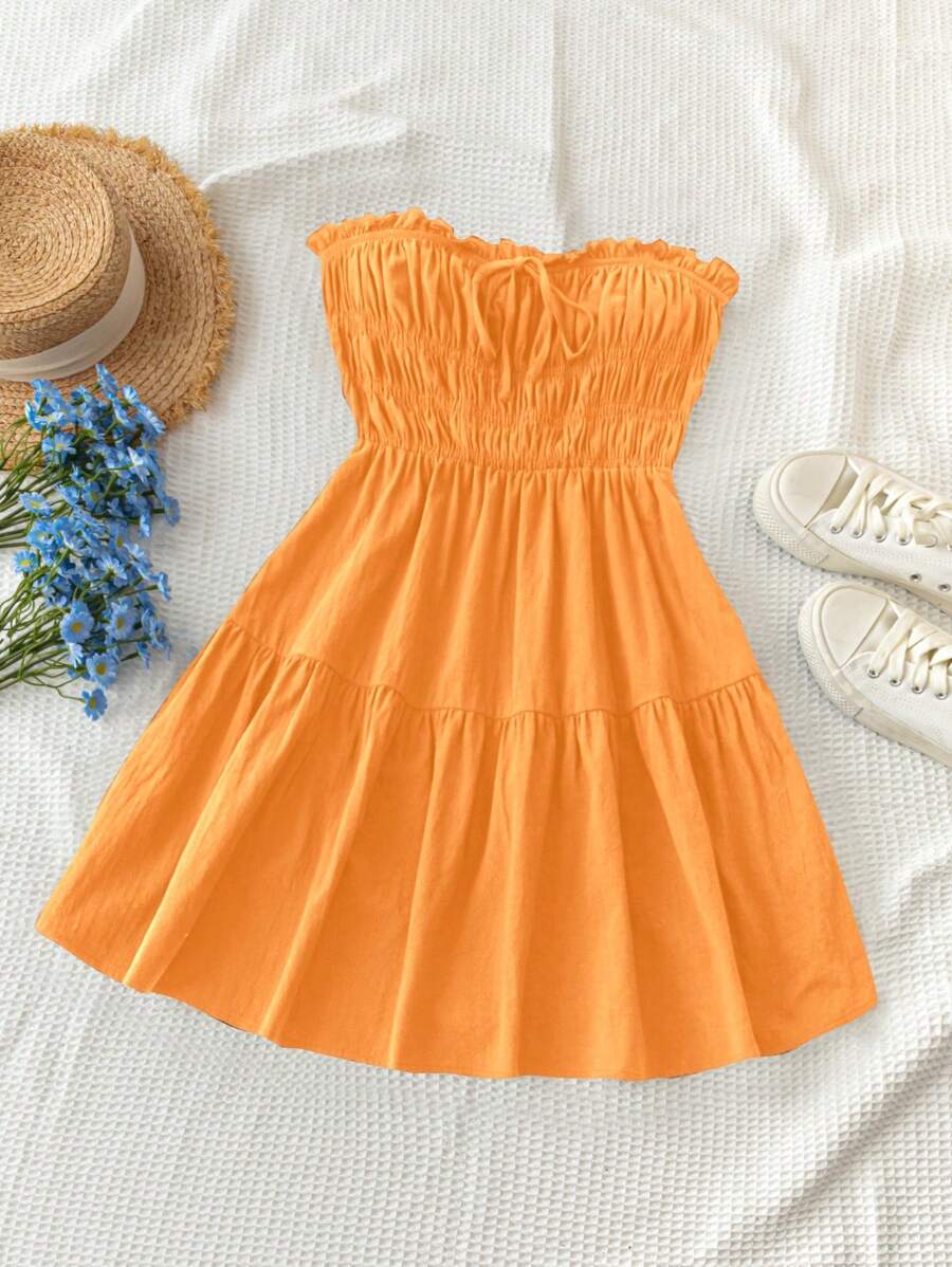 Soleia WYWH Holiday Women's Summer Casual Countryside Black Solid Color Ruffle Splice Front Strap Bowknot Daily Short Dress
