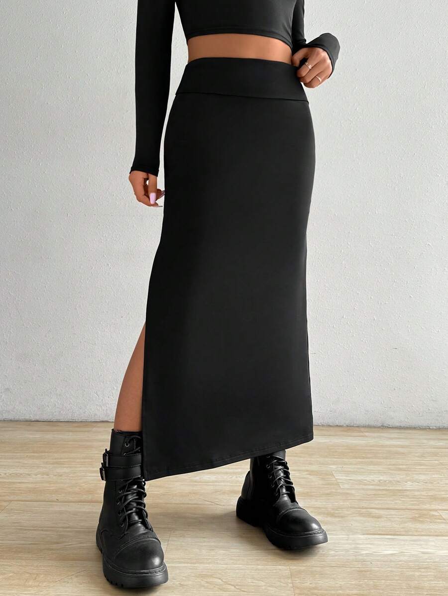 SHEIN EZwear Women's Fashion Solid Color Slim Fit Split Hem Long Skirt