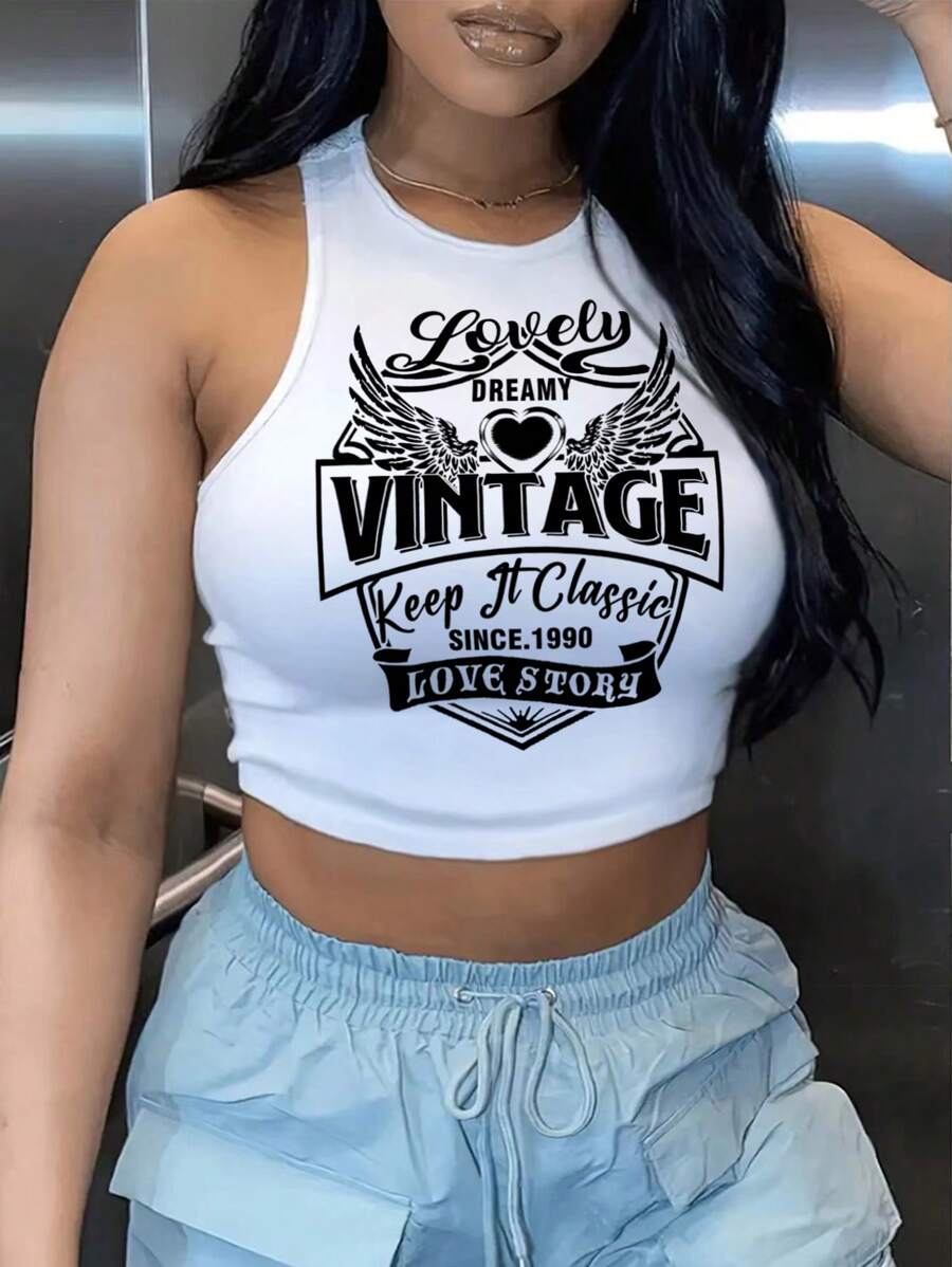 Slaydiva Women Vintage Letter Print Tight Fitted Sleeveless Crop Tank Top, Casual Summer, Cotton Blend