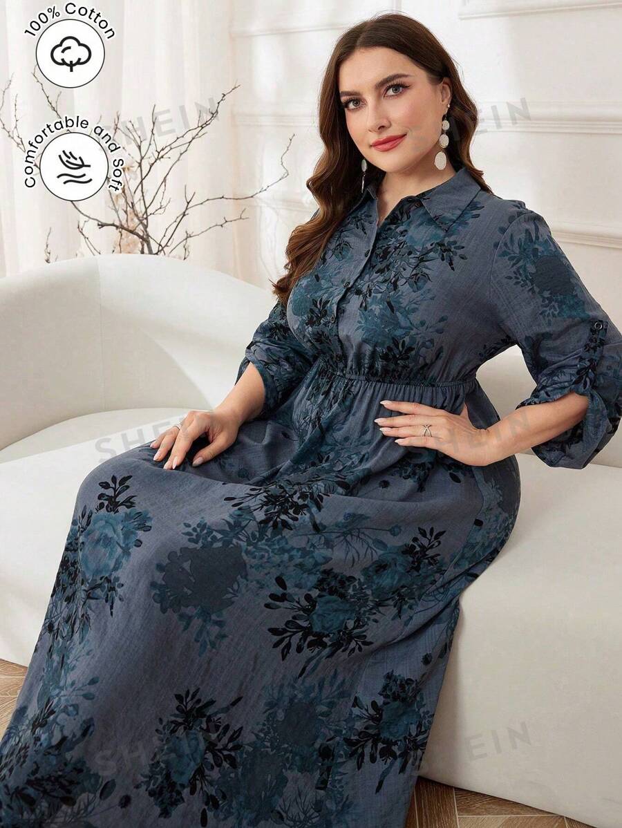 Mulvari Elegante vestido largo de talla grande con estampado floral y cintura ajustada, para primavera/verano