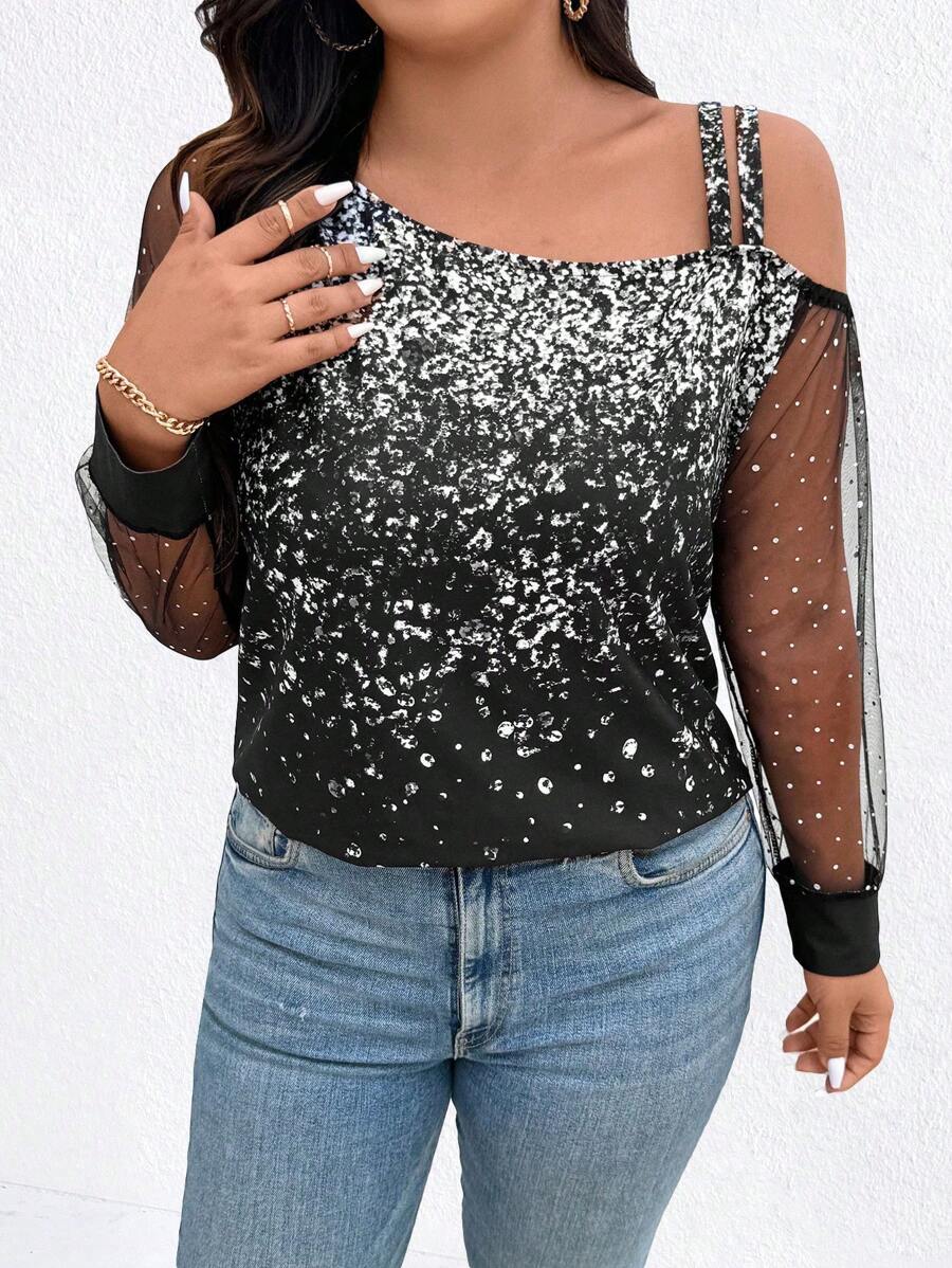 SHEIN Clasi Plus Size Women Summer Printed Mesh Contrast Asymmetric Collar Elegant Top With Long Sleeves