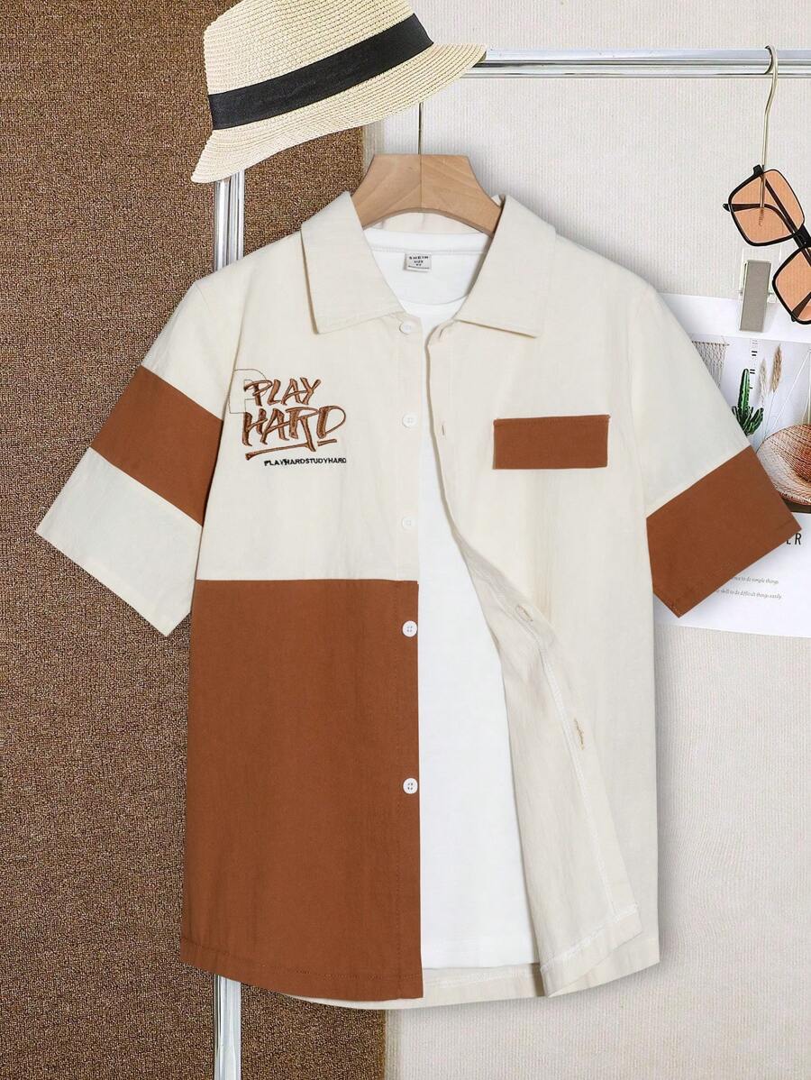 Tween Boy Color Block Casual Short Sleeve Single-Breasted Shirt, Summer