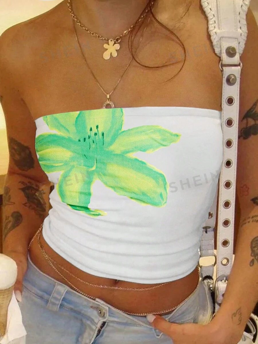 INAWLY Top de moda de verano para mujer con flores impresas, estilo ajustado y sin tirantes