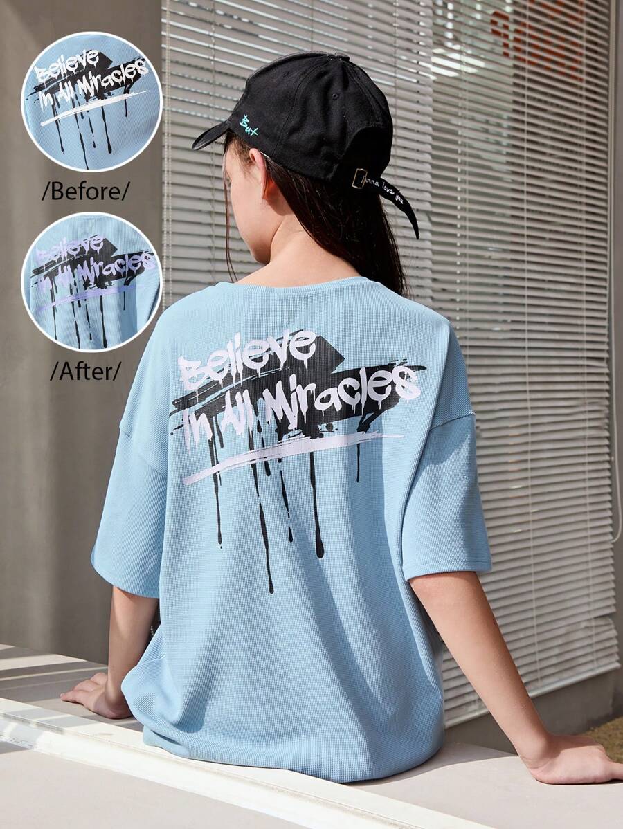 SHEIN Camiseta Casual de Manga Curta e Gola Redonda com Estilo Japonês e Estampa de Letras para Meninas Adolescentes