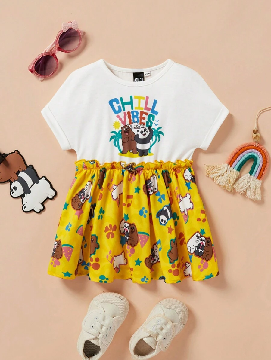 We Bare Bears X SHEIN Schattig jurkje voor babymeisje met contrasterende cartoonprint en ruches
