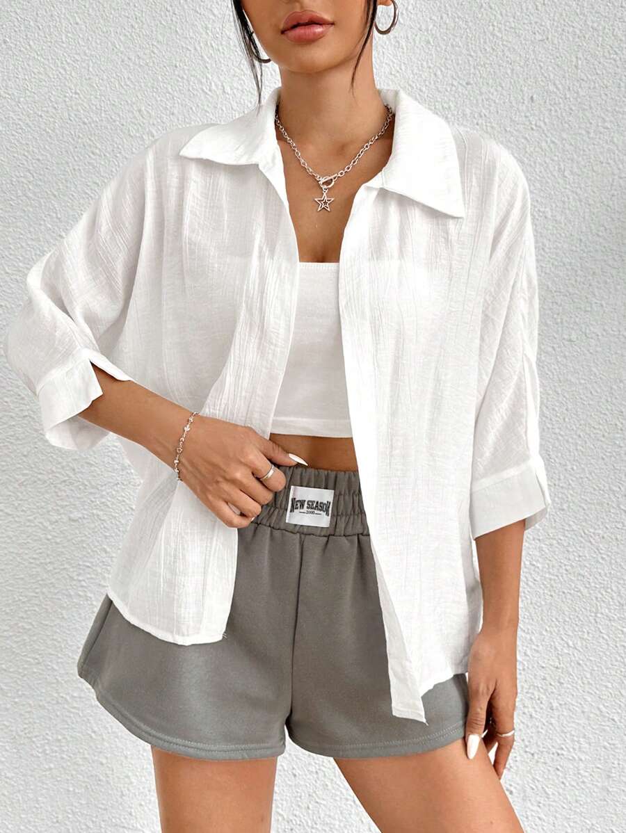 SHEIN PETITE Spring White Solid Batwing Sleeve White Shirt,Three Quarter Sleeve Tops