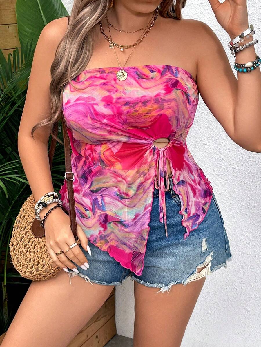 SHEIN VCAY Plus Size Women's Marble Printed Asymmetrical Hem Vacation Strapless Top