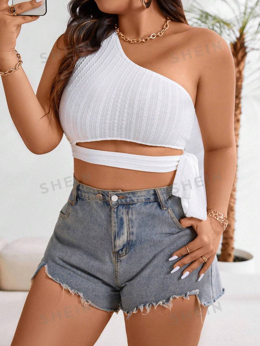 Celure Camisa de talla grande de unicolor con escote asimétrico y sin mangas, con detalle ahuecado para verano
