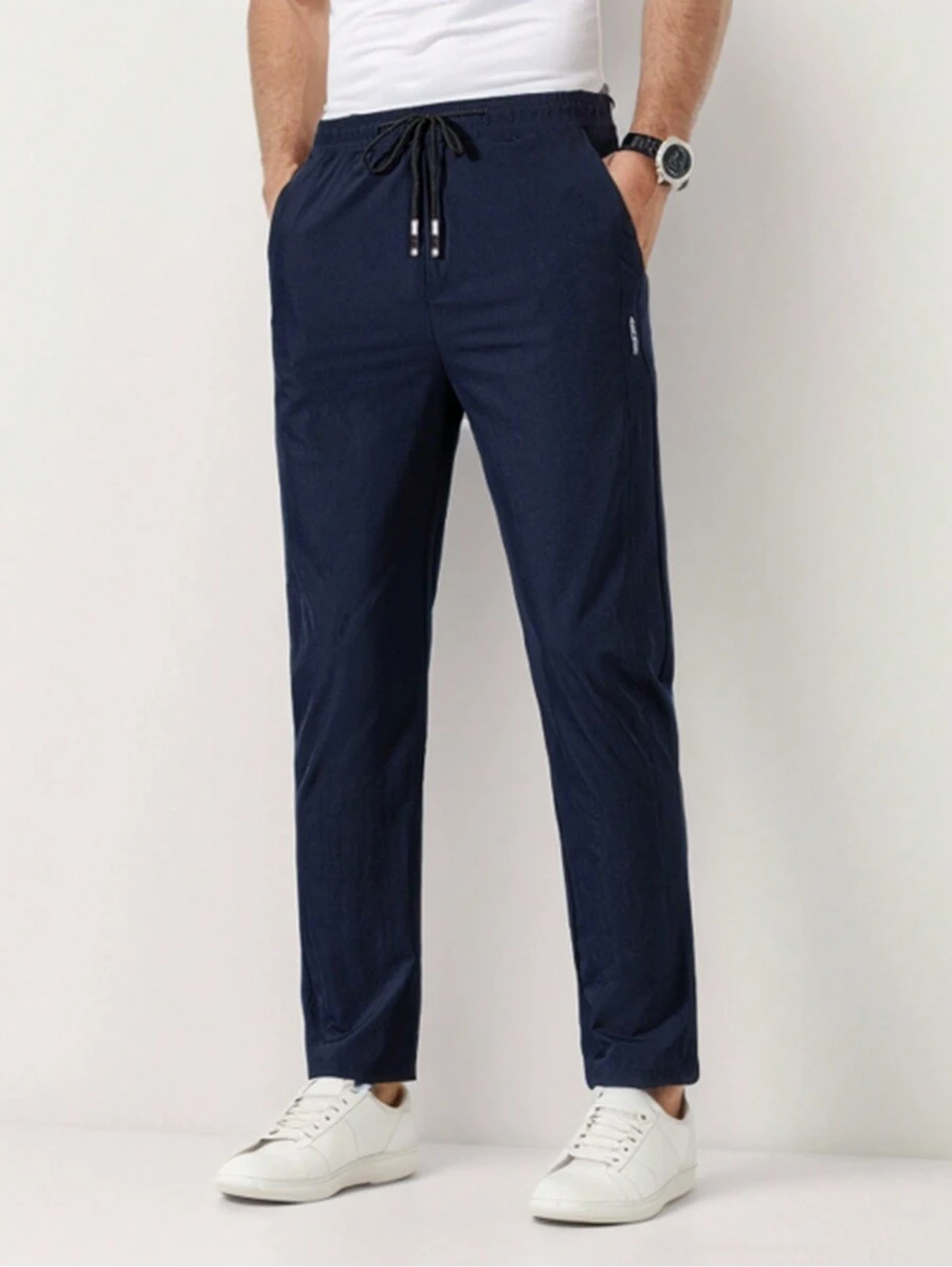 Pantalón largo de seda de hielo con cintura con cordón para hombre, casual de verano y corte cónico