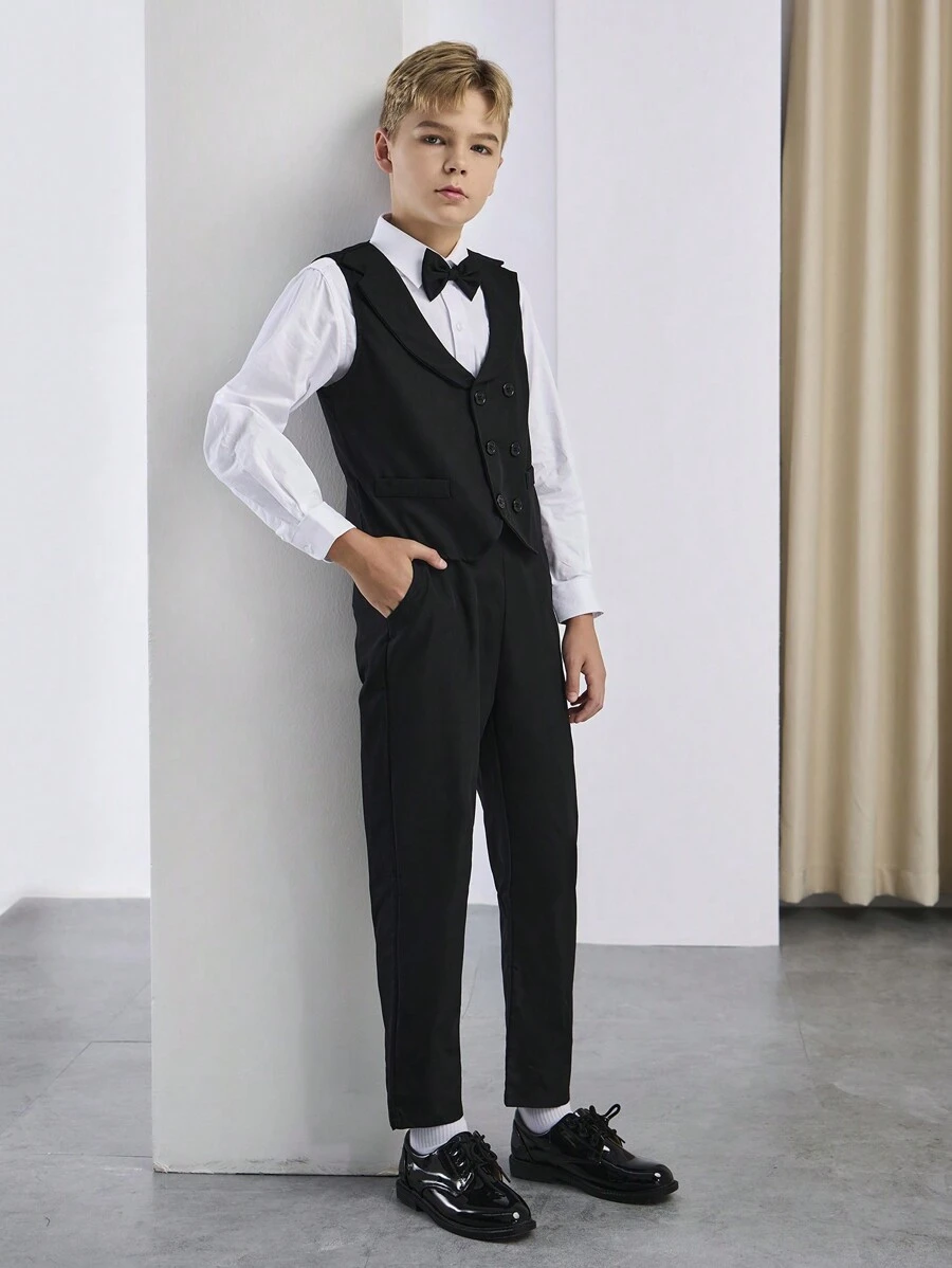 SHEIN 3pcs Black Bowtie, Lapel Waistcoat And Pants Gentleman Suit Set, Suitable For Birthday Party, Banquet, Wedding