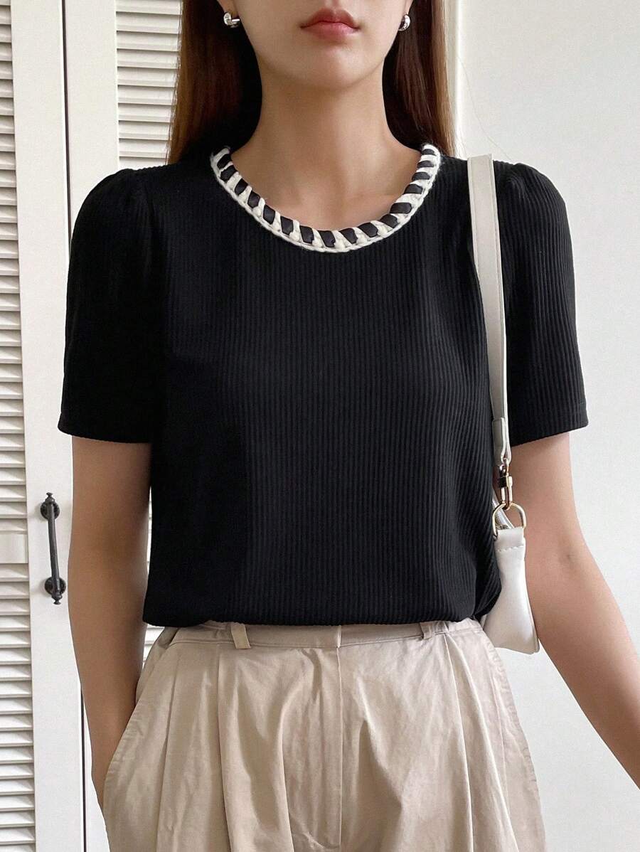 DAZY Color Block Round Neck Short Sleeve Women's T-Shirt With Faux Pocket Decoration