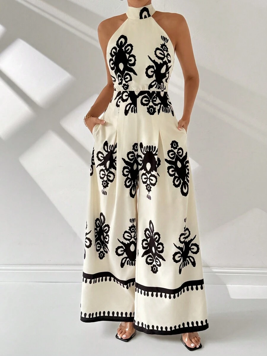 Firerie Mono de pierna ancha con estilo vacacional para mujer con impresión en toda la pieza, cuello halter y bolsillos inclinados para el verano