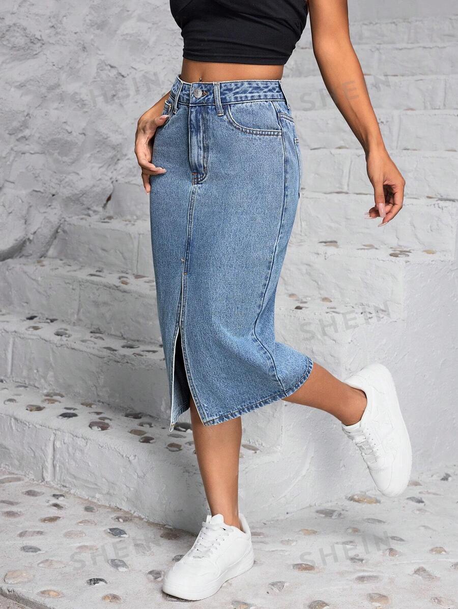 SHEIN PETITE Falda de mezclilla informal con raja frontal para el verano