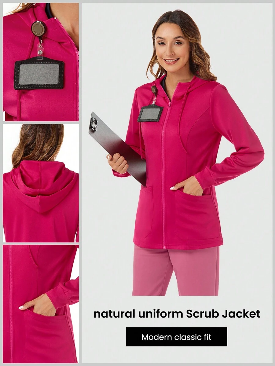 TaskEZ Women's Pink 2 Pocket Front Zipper Comfort Soft Stretch Knit Hooded Scrub Uniform Jacket Nurse Scrub Uniform Jacket
