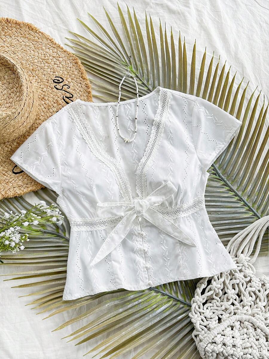 Soleia WYWH Vacation Women's Leisure Seaside Beach Vacation Spliced Lace Embroidered V-Neck Shirt