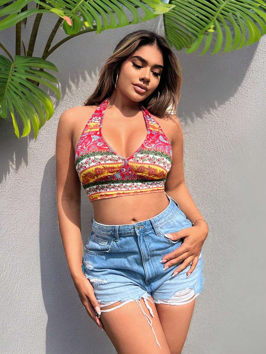 SHEIN SXY Vacation Summer Beach Seaside Holiday Retro Pattern Printed Halter Neck Crop Top For Women