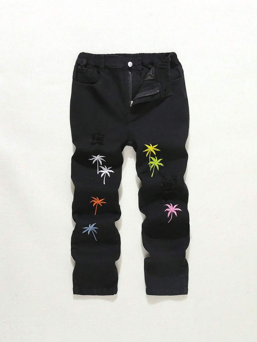 Jeans rasgados casuales de moda callejera para niño preadolescente con bordado de palmeras y colores variados