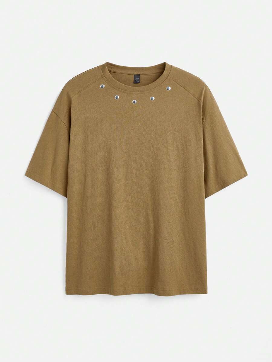 Manfinity VCAY Camiseta de hombre de manga corta tejida holgada con parches, adecuada para un estilo de verano rebelde y vanguardista