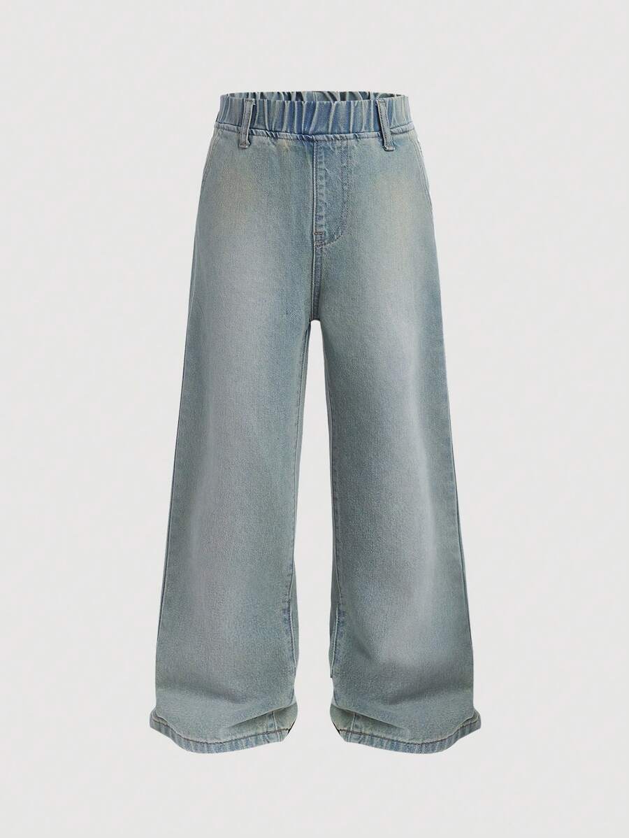 SHEIN Tween Boy Casual Fashionable & Soft Vintage Washed Loose Straight Leg Light Blue Denim Jeans, For Summer And Spring