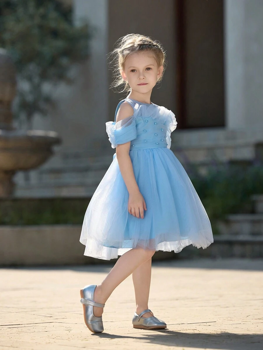 SHEIN Glamorique Kids Casual vakantie bloemen mesh & parel gezwollen prinsessenrok voor meisjes