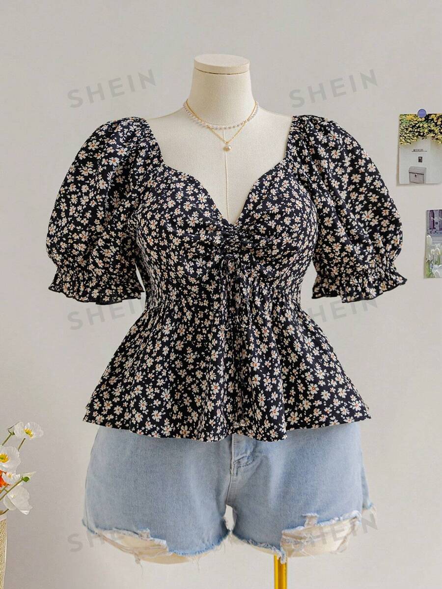 Soleia Camisa floral con mangas abullonadas, cintura ceñida y bajo en línea A para mujer talla grande estilo bohemio, color negro, perfecta para vacaciones de primavera/verano o Semana Santa