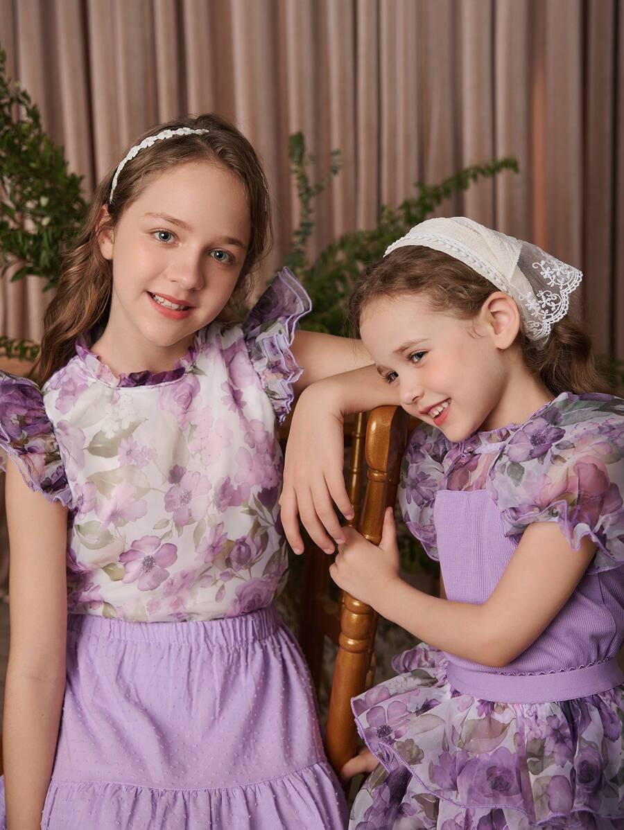 SHEIN Camisa De Organza Elegante De Patrón Floral Con Cuello De Encaje Francés Para Niñas Adolescentes Con Mangas Doble Capa Con Volantes Plisados
