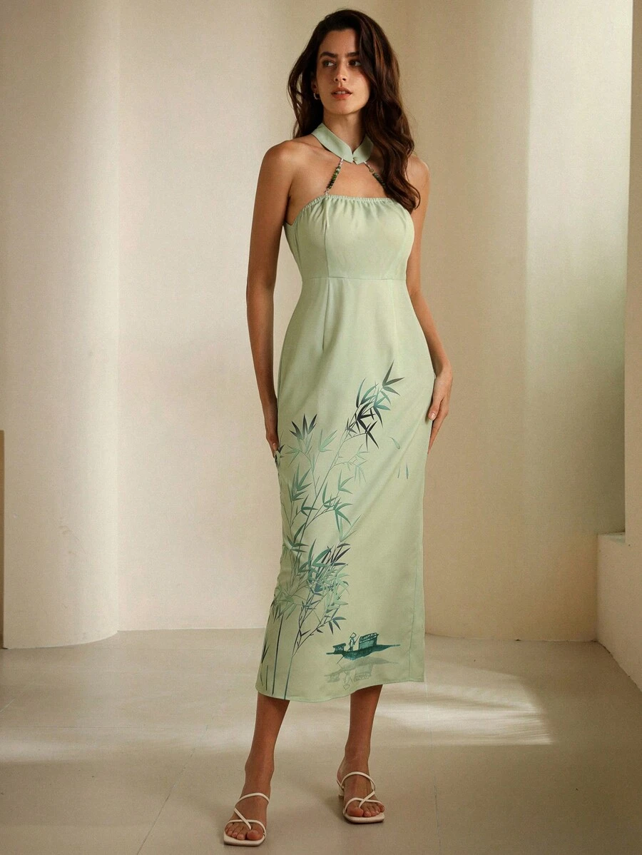 Aveloria Rosie Nouvelle robe sans manches col en halter avec perles imprimé style chinois
