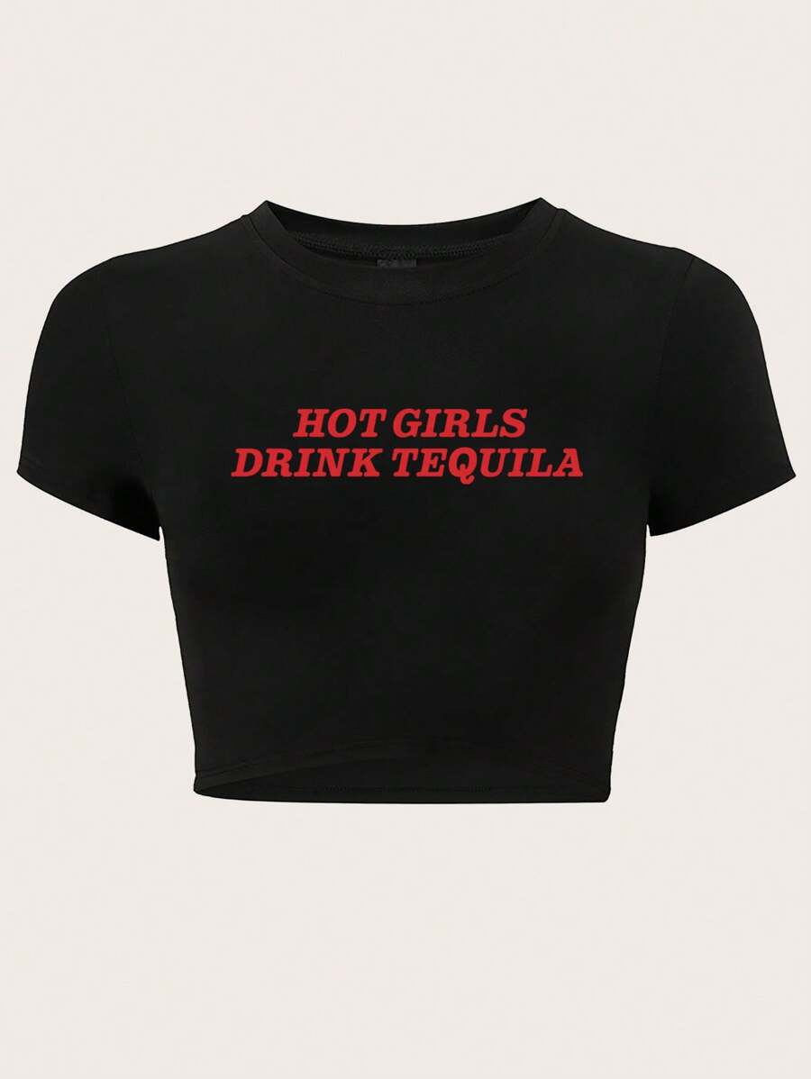 SHEIN EZwear Camiseta rosa de verano con eslogan "TEQUILA" para mujer talla grande, Camiseta corta "LAS CHICAS CALIENTES BEBEN TEQUILA"