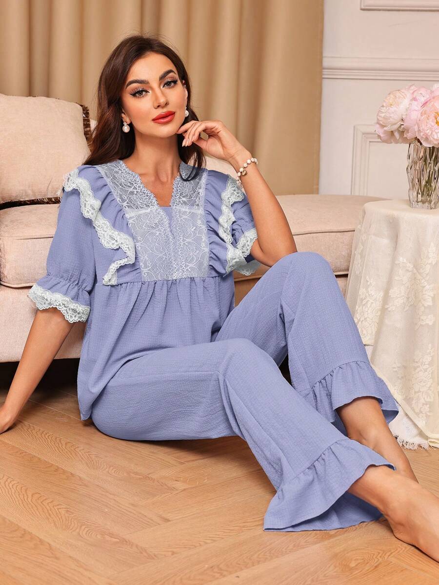 Ladies' Contrast Color Lace Patchwork Ruffle Short Sleeve Top & Solid Color Long Pants Pajama Set