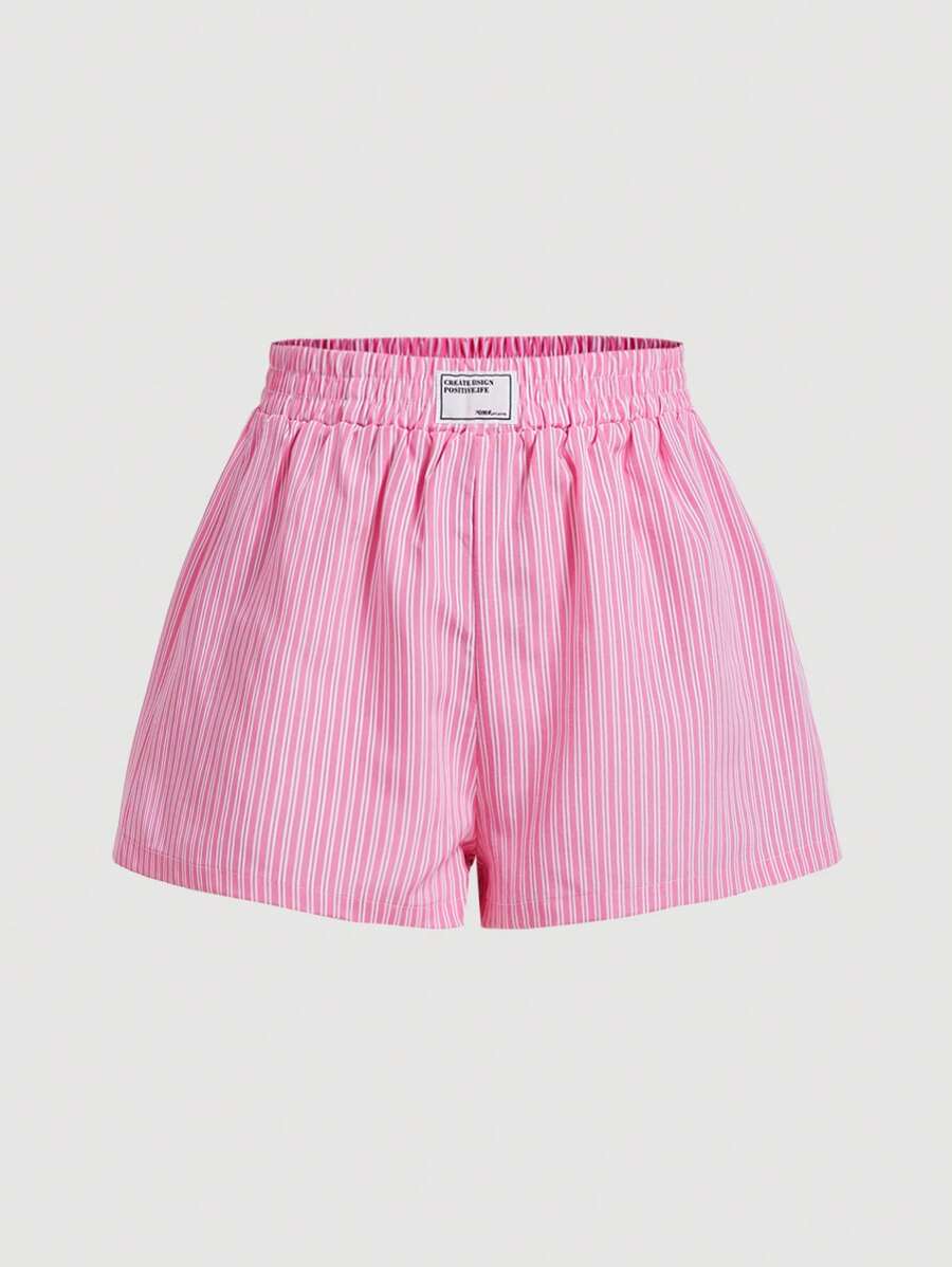 SHEIN MOD Shorts de cintura elástica con decoración de letras y franja rosa y blanca para mujer
